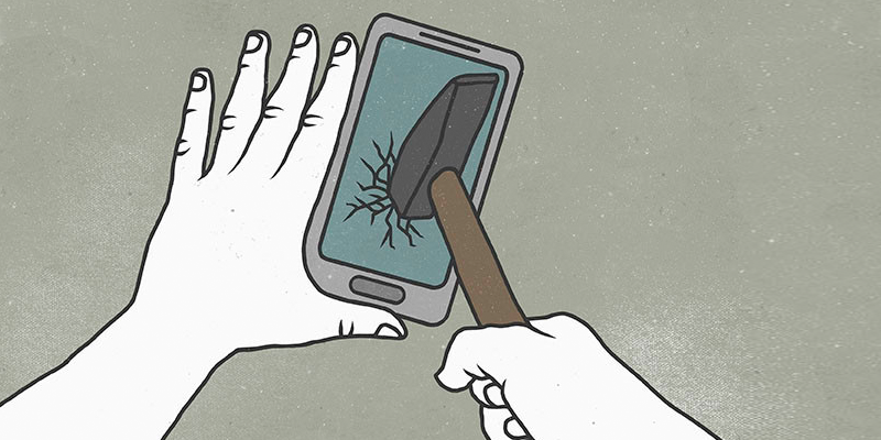 Graphic of a hand smashing a mobile phone with a hammer